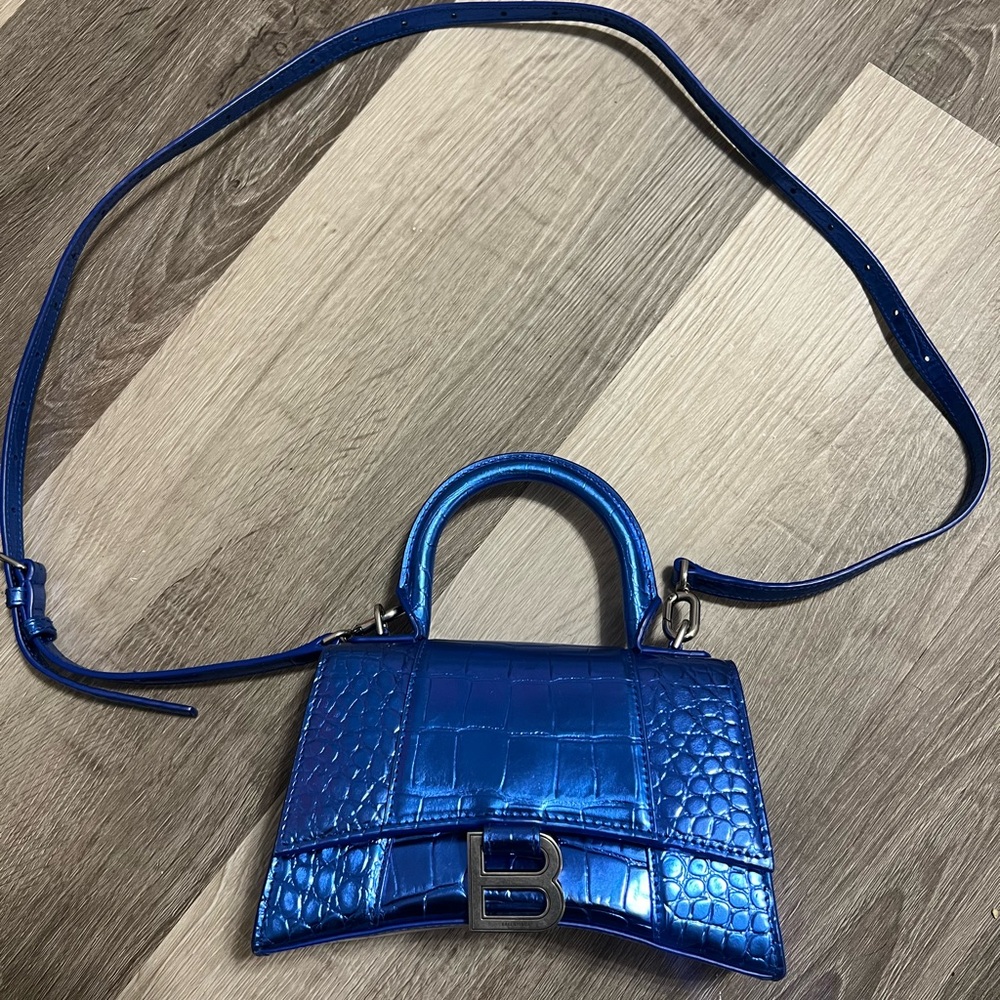Balenciaga Blue Hourglass XS Croc-Embossed Handbag - Picture 9 of 10